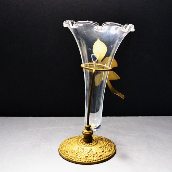 Glass And Brass Bud Vase In Style Of Art Noveau Flower Display Room Accent - Picture 4 of 5